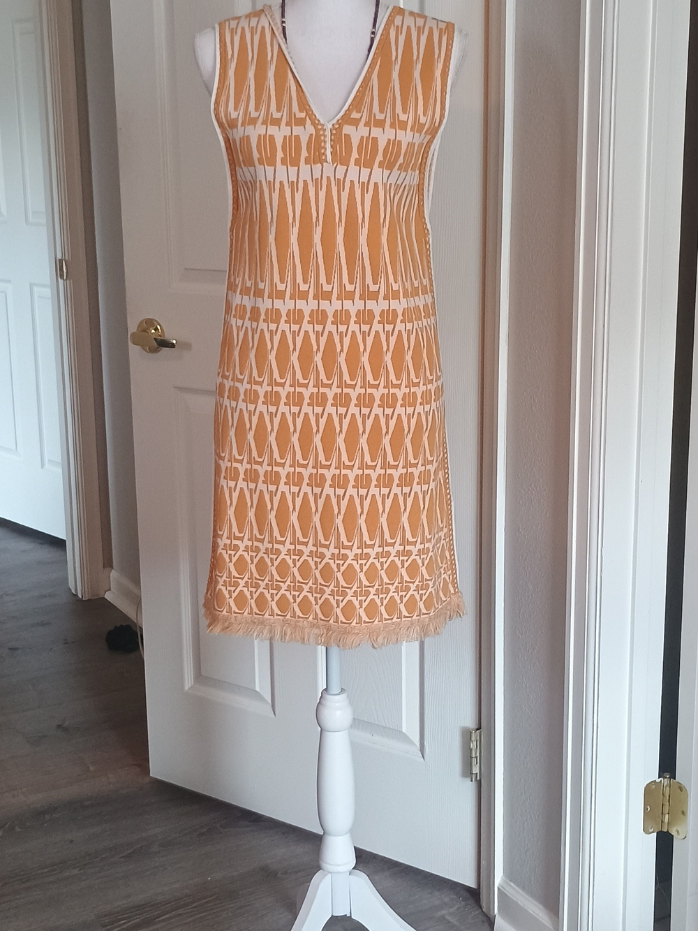 Diane Von Furstenberg Peach and Cream Fringe-Trim Shift Dress